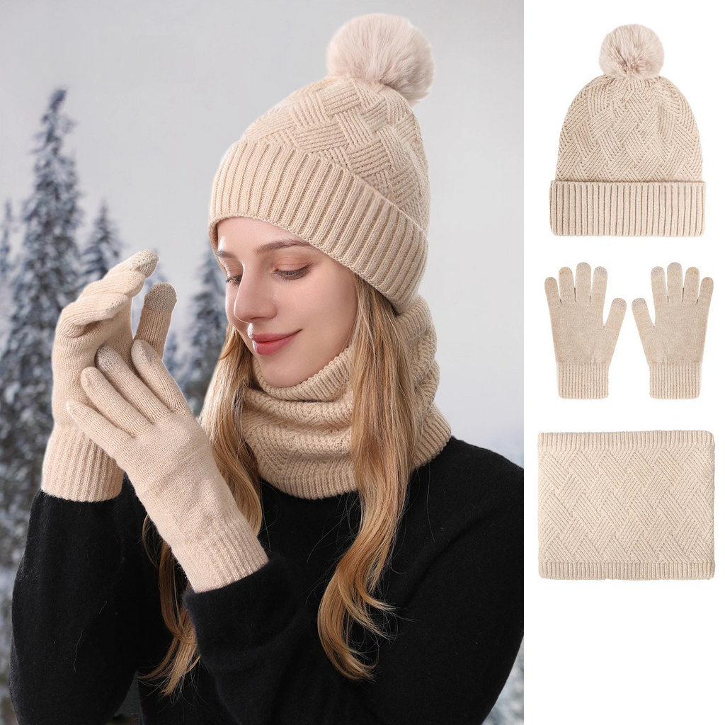 Winter Beanie Hat Scarf Gloves Set - 3-Piece Knit Warm Accessories for Women