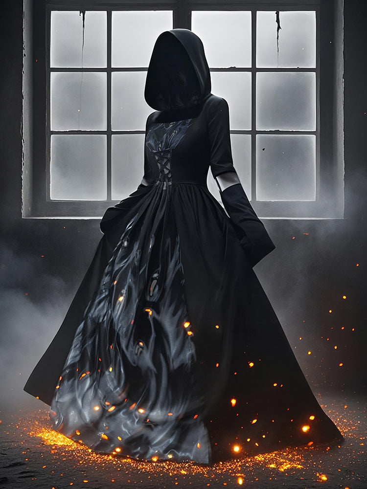 Women's Black Hooded Witch Dress - Halloween Gothic Maxi Gown Costume