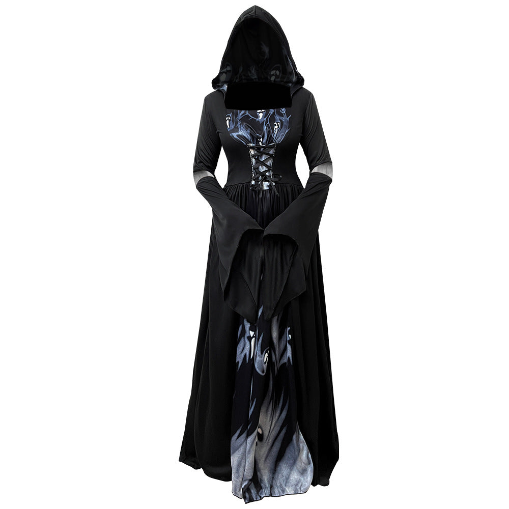Women's Black Hooded Witch Dress - Halloween Gothic Maxi Gown Costume
