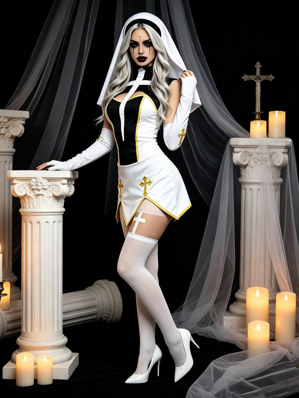Women's Nun Cosplay Costume 4-Piece Set - Halloween Dress Up Outfit