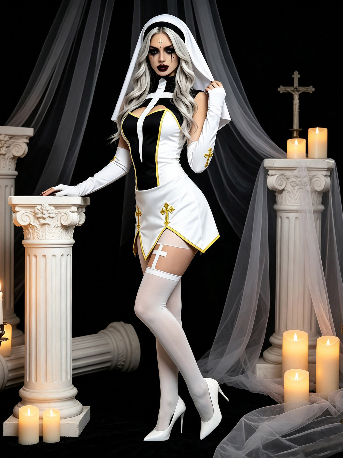Women's Nun Cosplay Costume 4-Piece Set - Halloween Dress Up Outfit