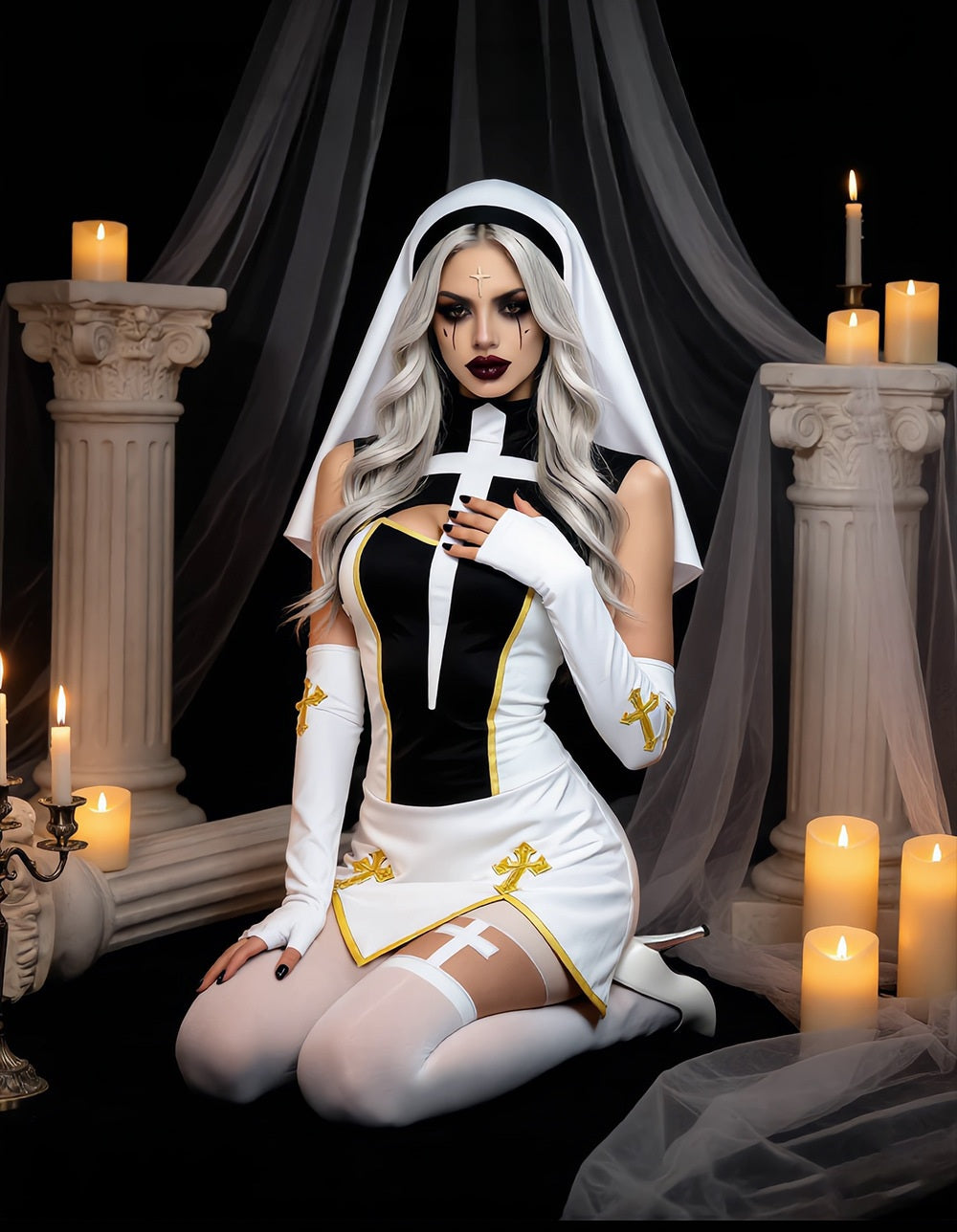 Women's Nun Cosplay Costume 4-Piece Set - Halloween Dress Up Outfit