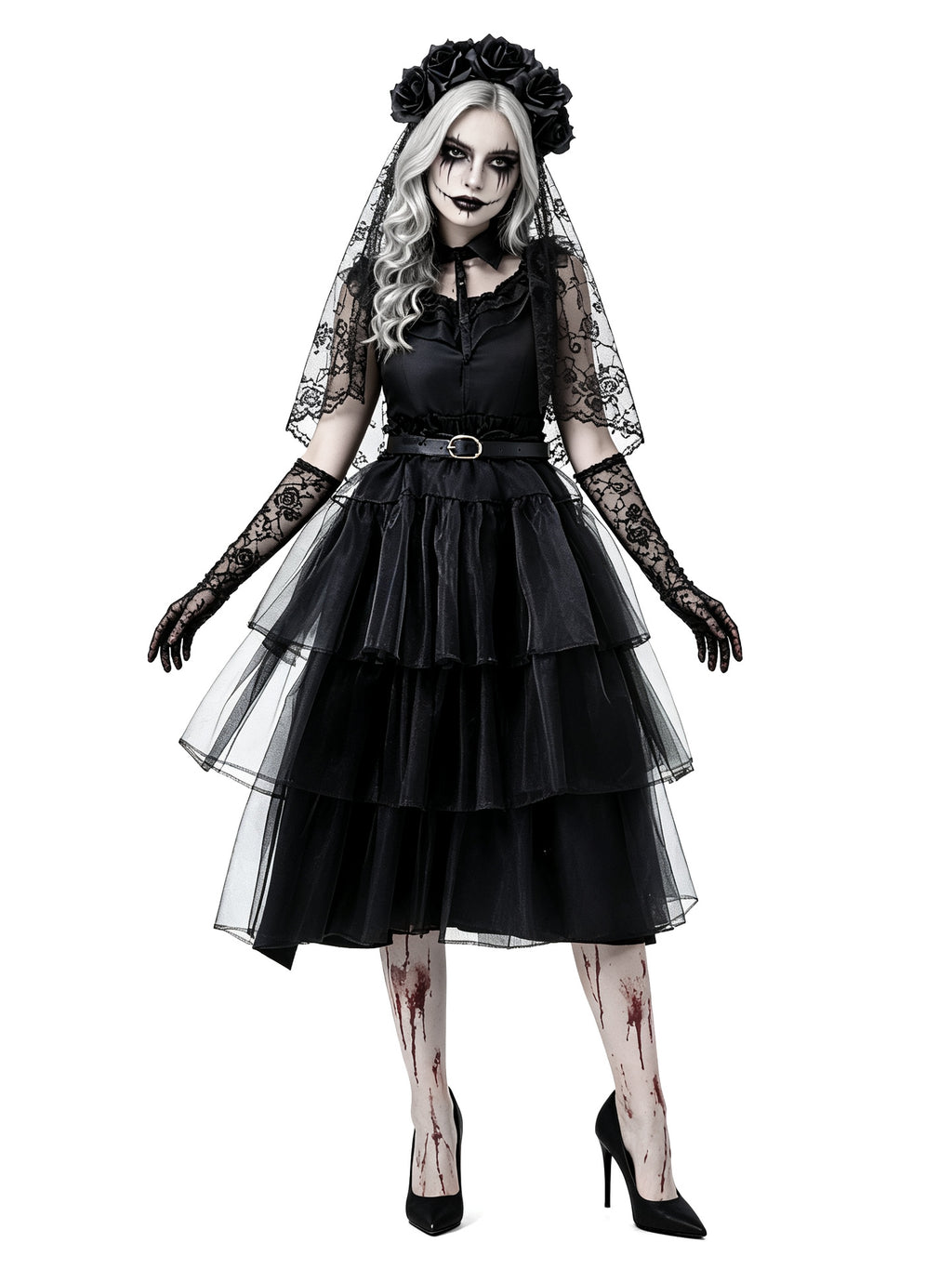 Women's Gothic Ghost Bride Costume 5-Piece Set - Halloween Dress Up Outfit
