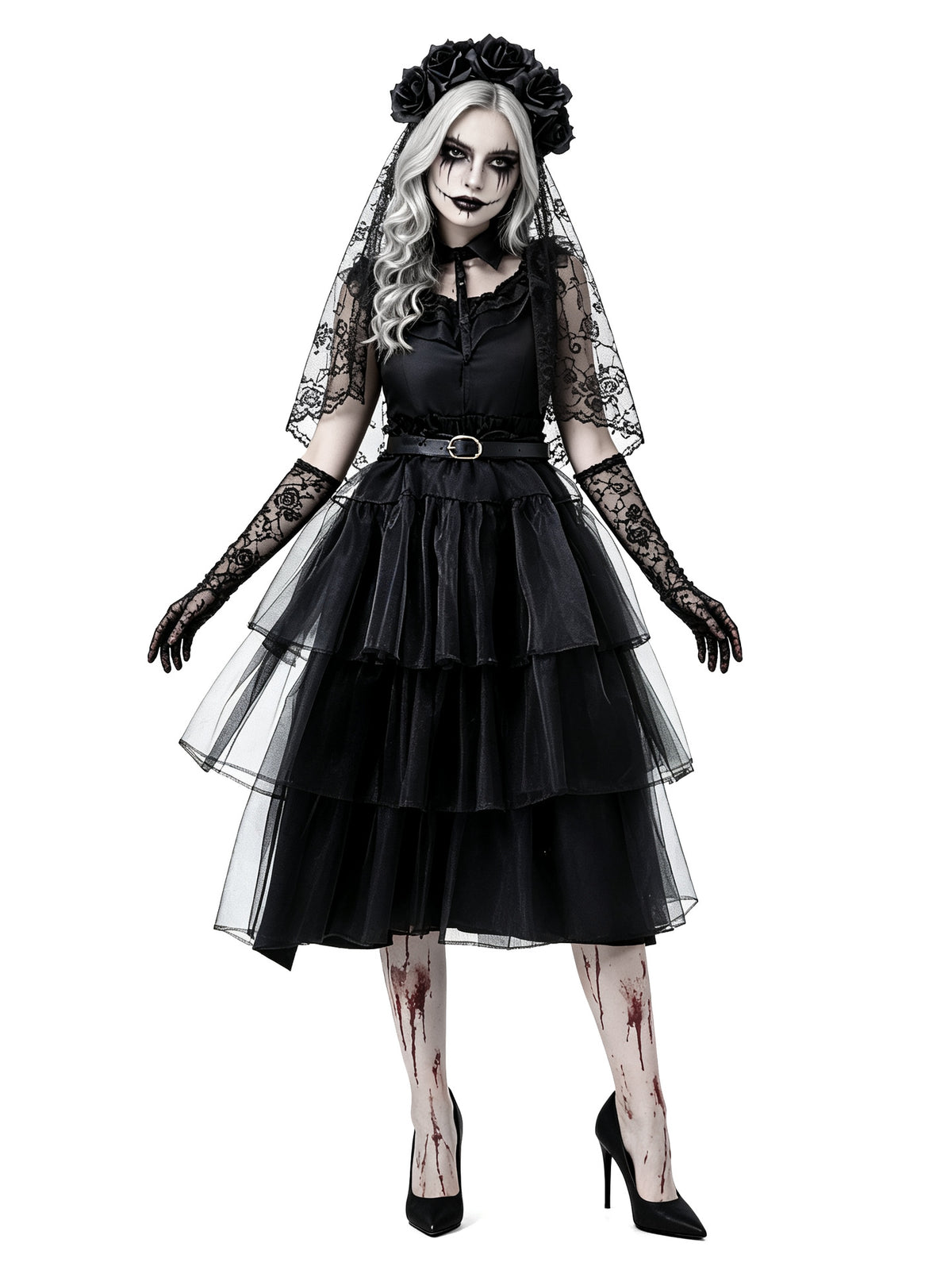 Women's Gothic Ghost Bride Costume 5-Piece Set - Halloween Dress Up Outfit