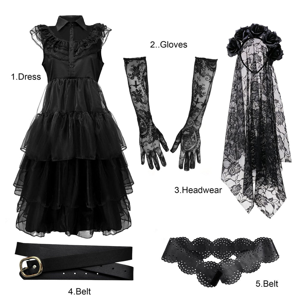 Women's Gothic Ghost Bride Costume 5-Piece Set - Halloween Dress Up Outfit