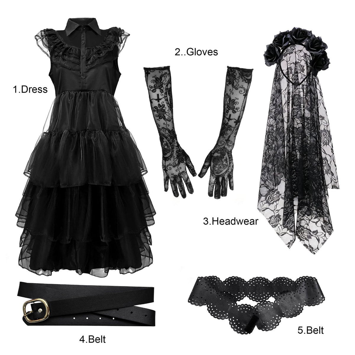 Women's Gothic Ghost Bride Costume 5-Piece Set - Halloween Dress Up Outfit