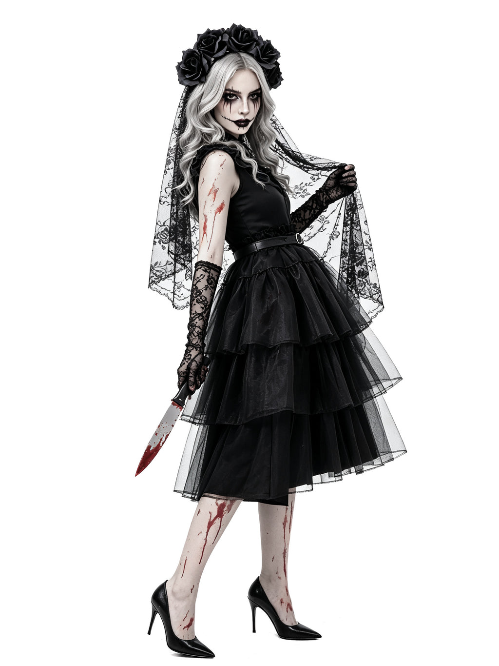 Women's Gothic Ghost Bride Costume 5-Piece Set - Halloween Dress Up Outfit