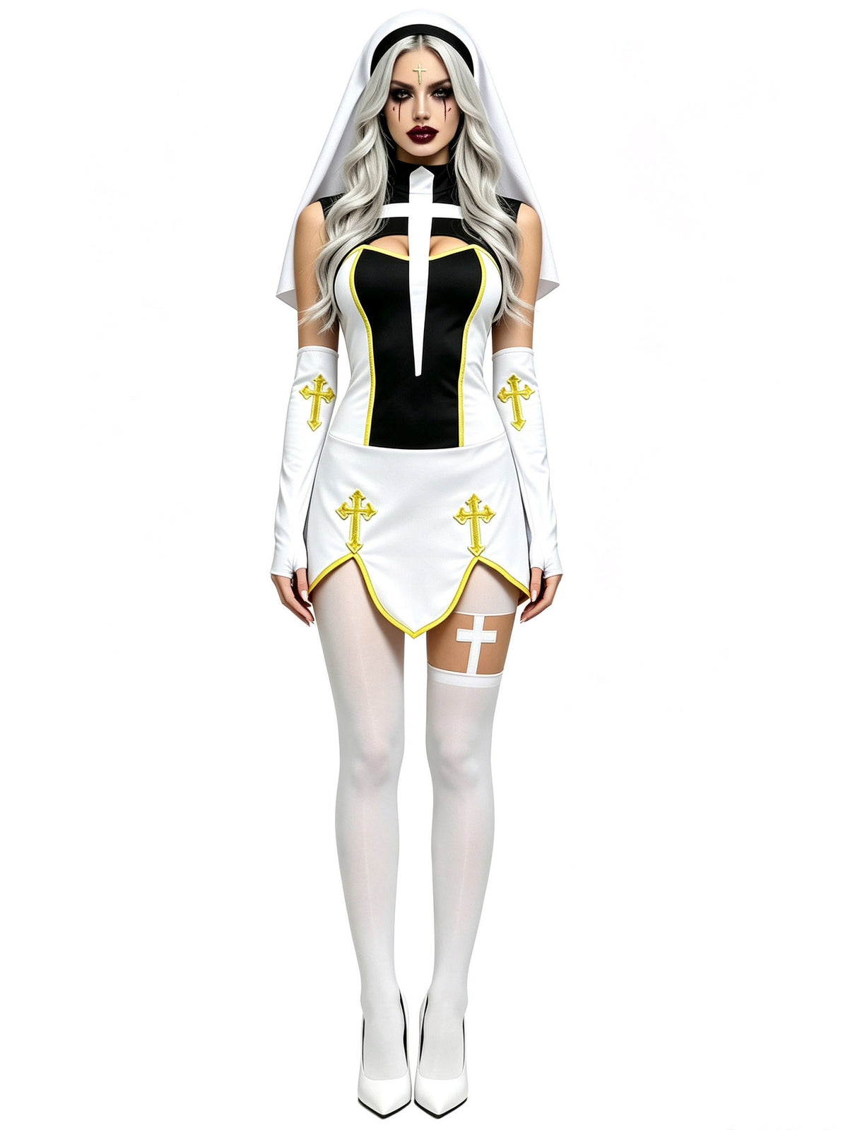 Women's Nun Cosplay Costume 4-Piece Set - Halloween Dress Up Outfit