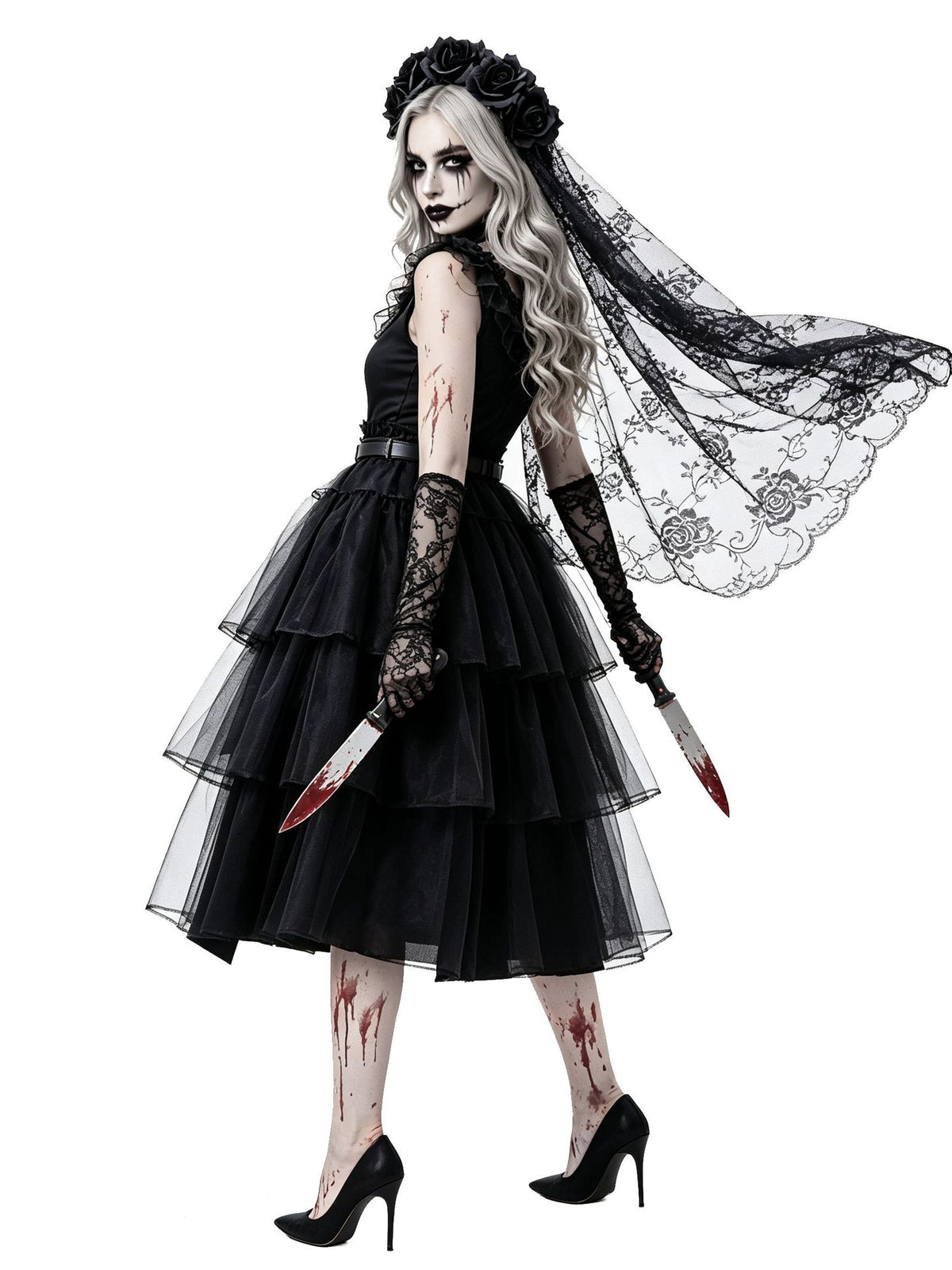 Women's Gothic Ghost Bride Costume 5-Piece Set - Halloween Dress Up Outfit