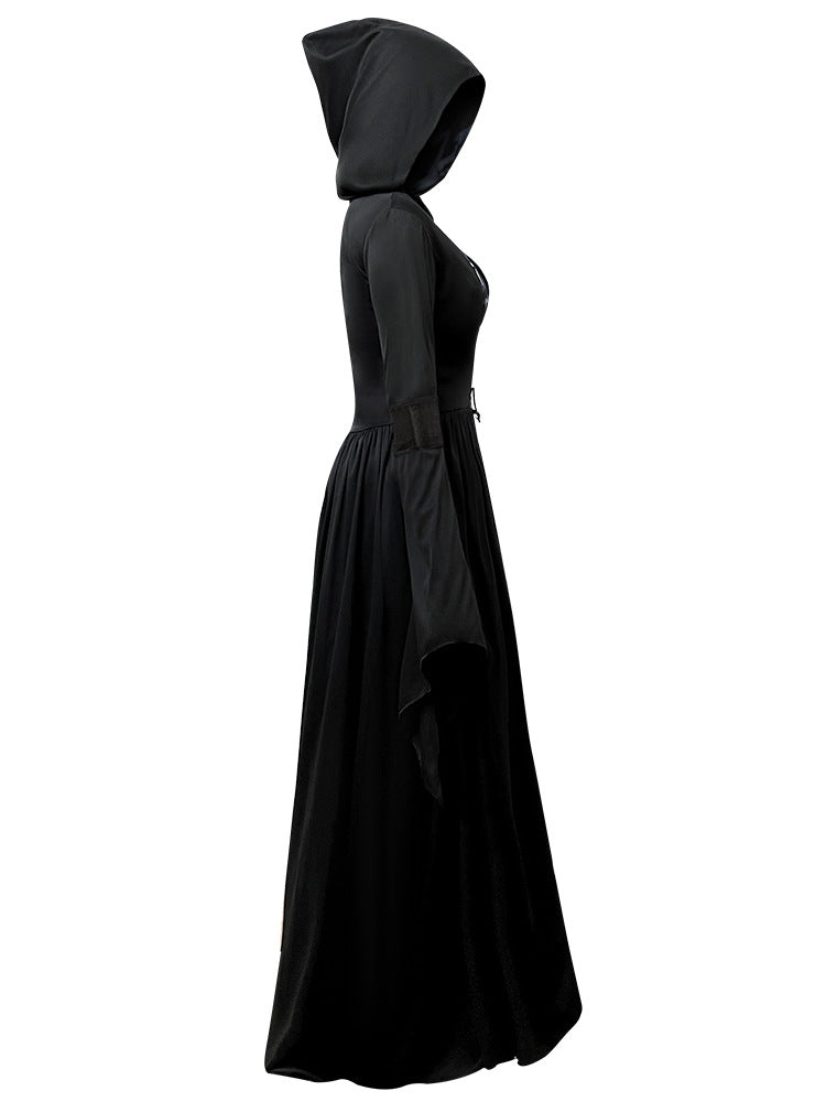 Women's Black Hooded Witch Dress - Halloween Gothic Maxi Gown Costume