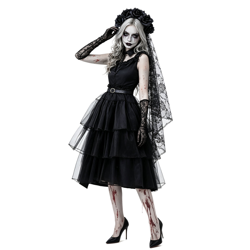 Women's Gothic Ghost Bride Costume 5-Piece Set - Halloween Dress Up Outfit
