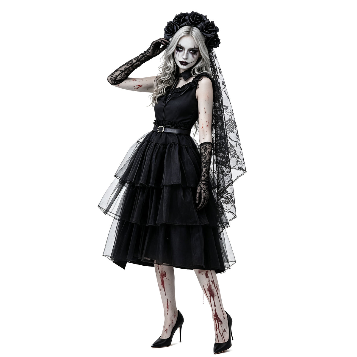 Women's Gothic Ghost Bride Costume 5-Piece Set - Halloween Dress Up Outfit