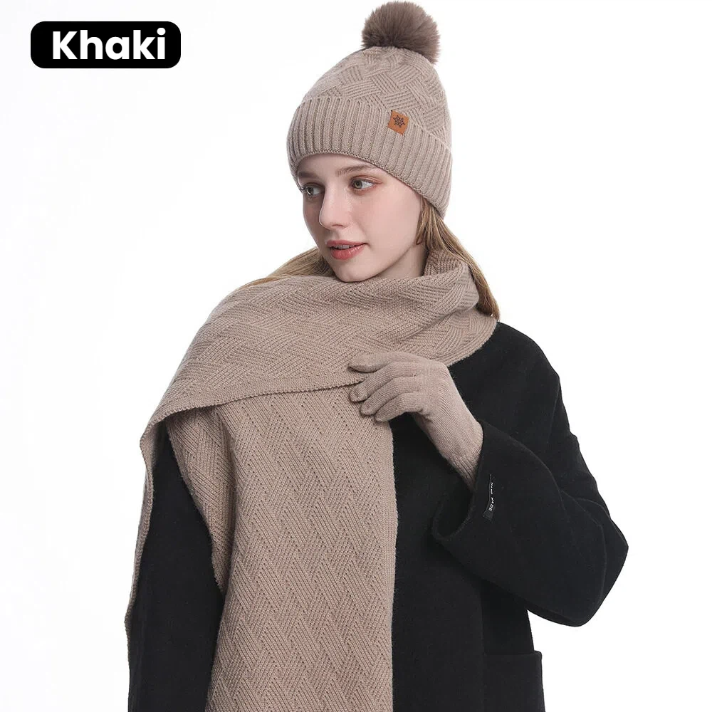 Winter Beanie Hat Scarf Gloves Set - 3-Piece Knit Warm Accessories for Women