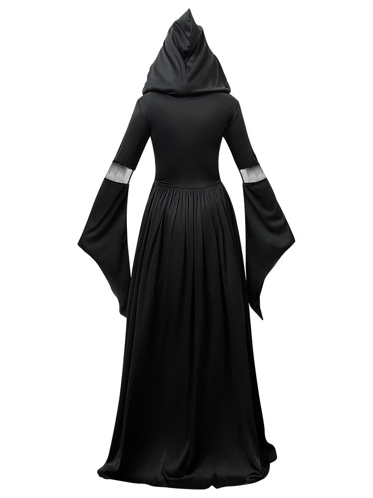Women's Black Hooded Witch Dress - Halloween Gothic Maxi Gown Costume