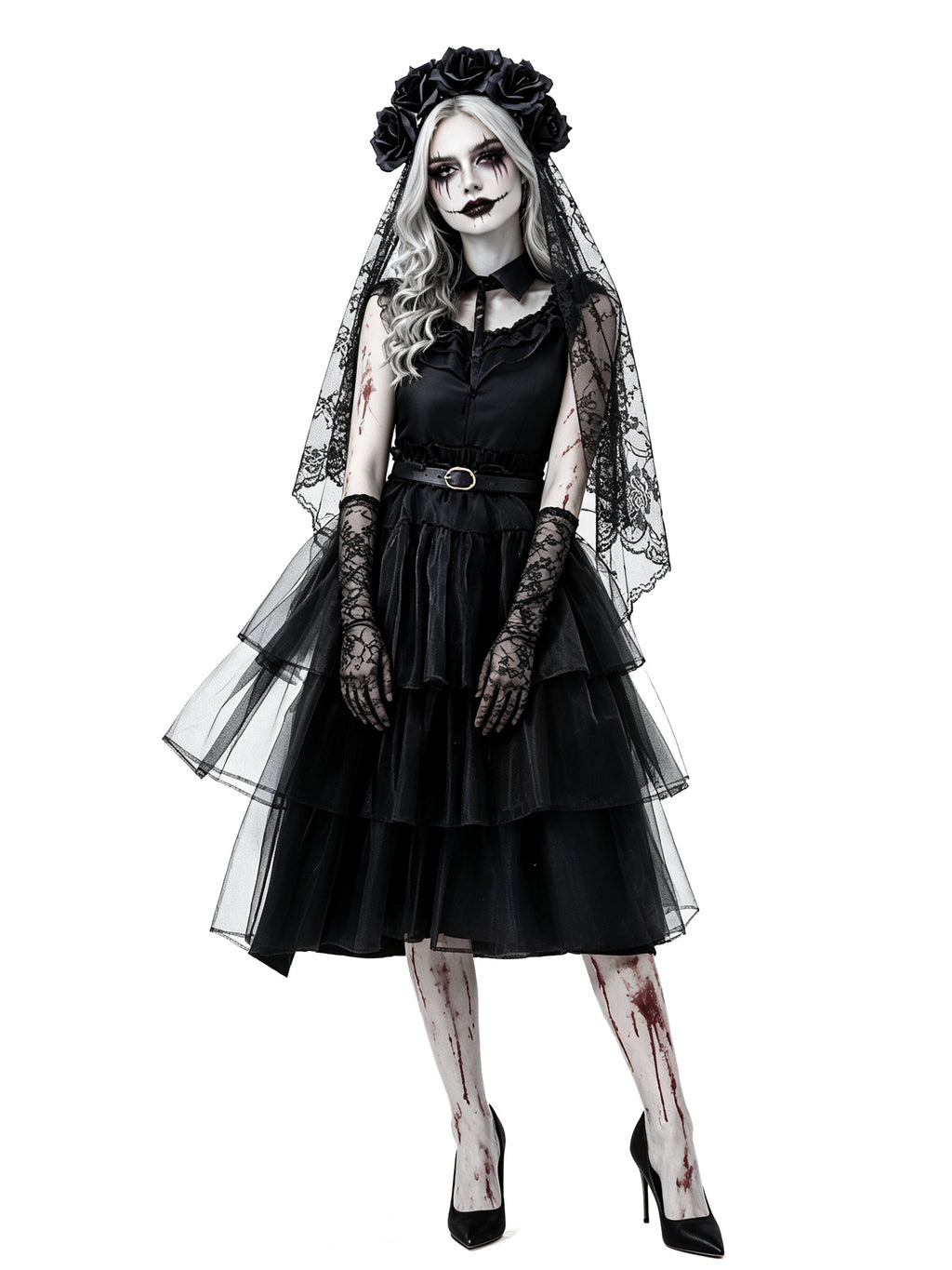 Women's Gothic Ghost Bride Costume 5-Piece Set - Halloween Dress Up Outfit