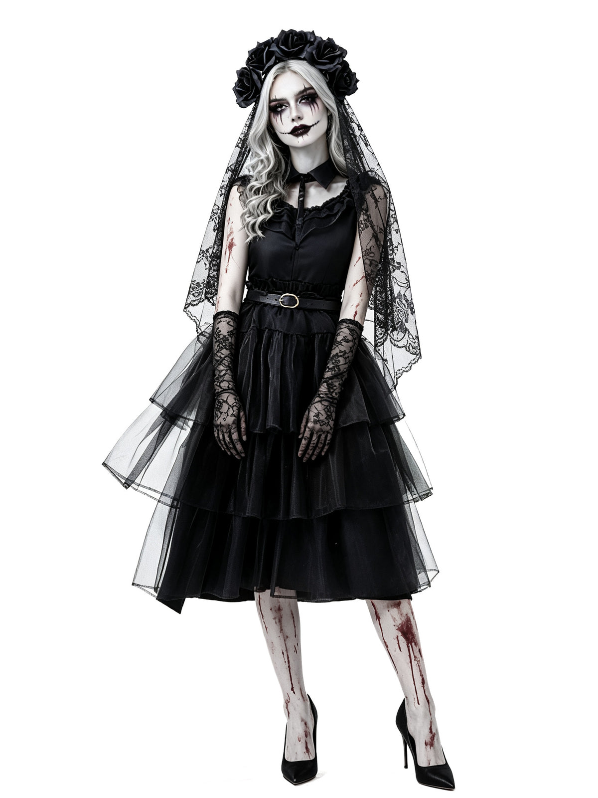 Women's Gothic Ghost Bride Costume 5-Piece Set - Halloween Dress Up Outfit
