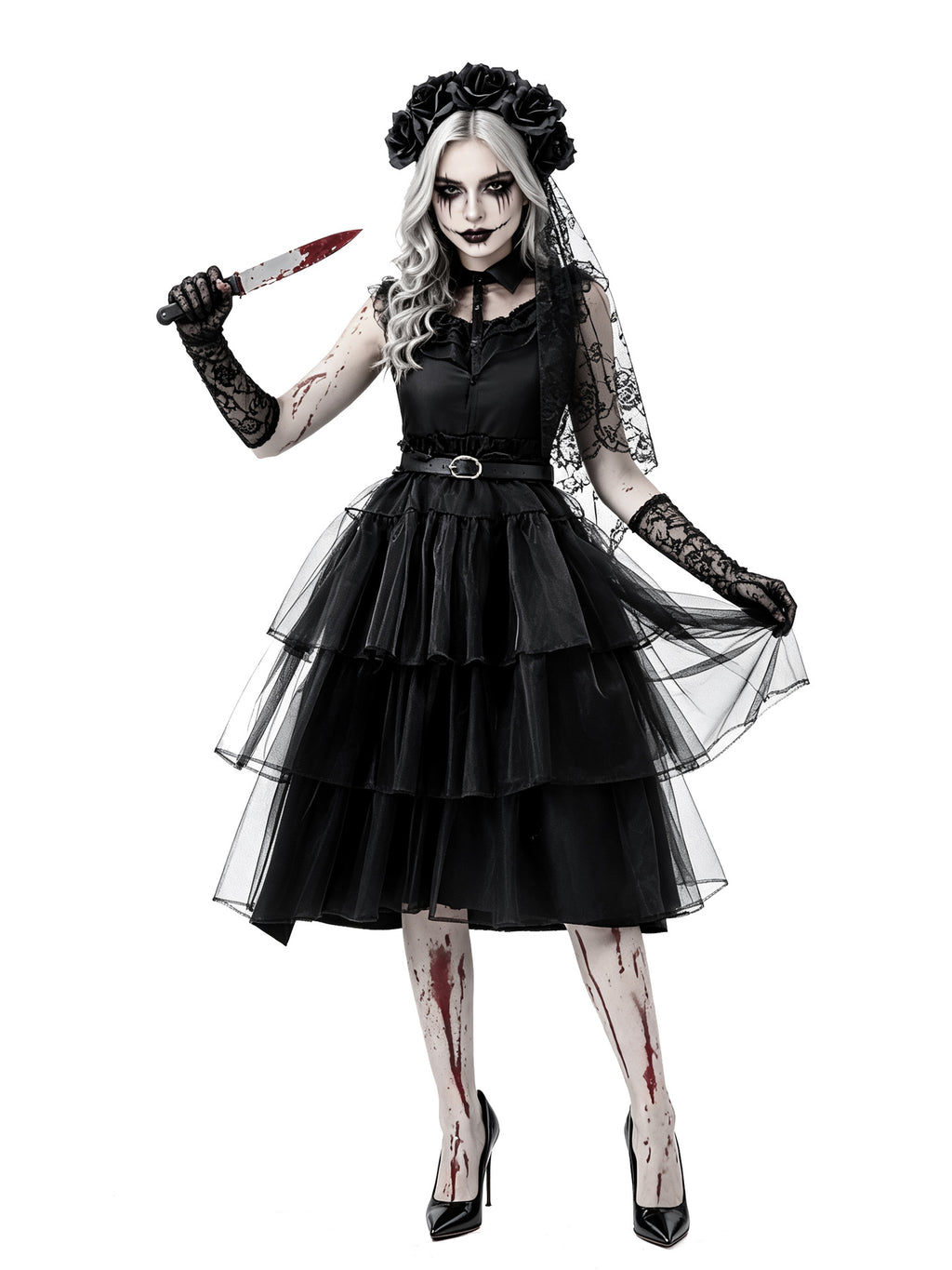 Women's Gothic Ghost Bride Costume 5-Piece Set - Halloween Dress Up Outfit