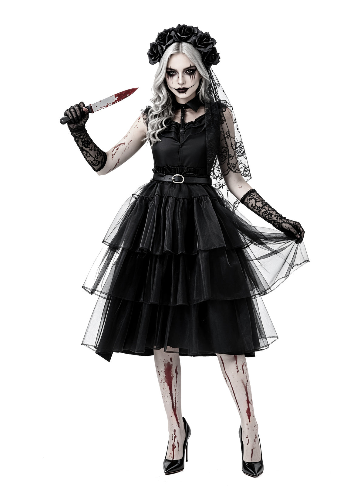 Women's Gothic Ghost Bride Costume 5-Piece Set - Halloween Dress Up Outfit