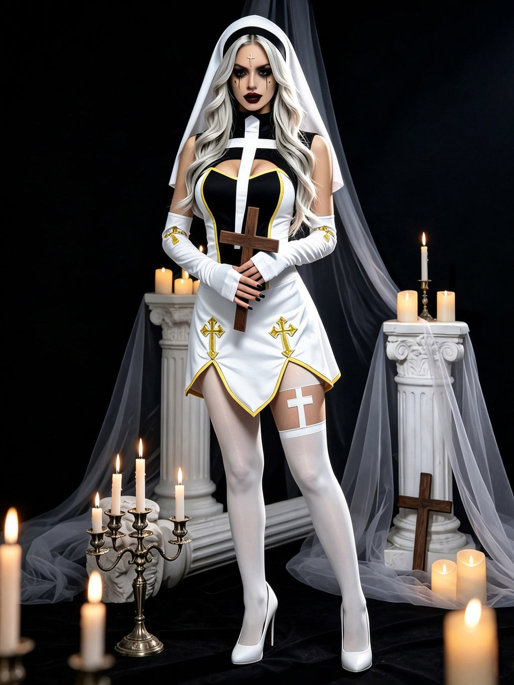 Women's Nun Cosplay Costume 4-Piece Set - Halloween Dress Up Outfit