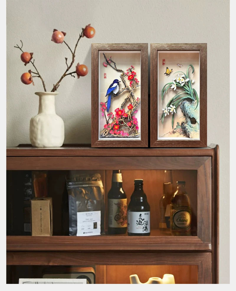 4-Piece Handcrafted 3D Layered Oriental Paper Art Framed Set | Plum, Orchid, Bamboo & Chrysanthemum Paper-Cutting Wall Decor