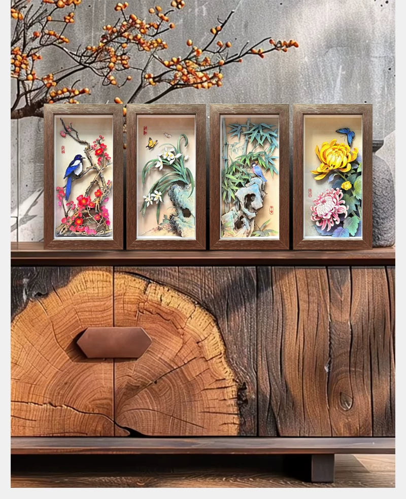 4-Piece Handcrafted 3D Layered Oriental Paper Art Framed Set | Plum, Orchid, Bamboo & Chrysanthemum Paper-Cutting Wall Decor