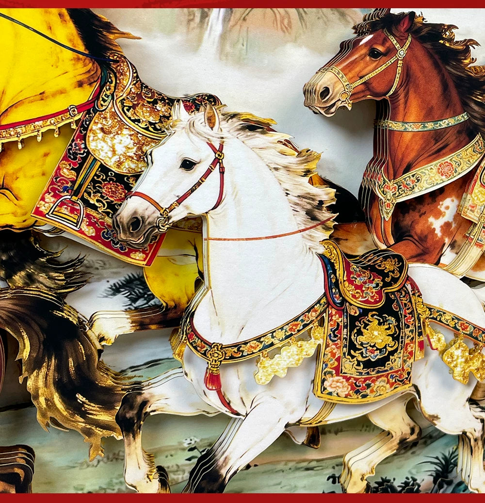Handcrafted 3D Layered Oriental Paper Art Framed Decor | Eight Galloping Horses Chinese Paper-Cutting Artwork