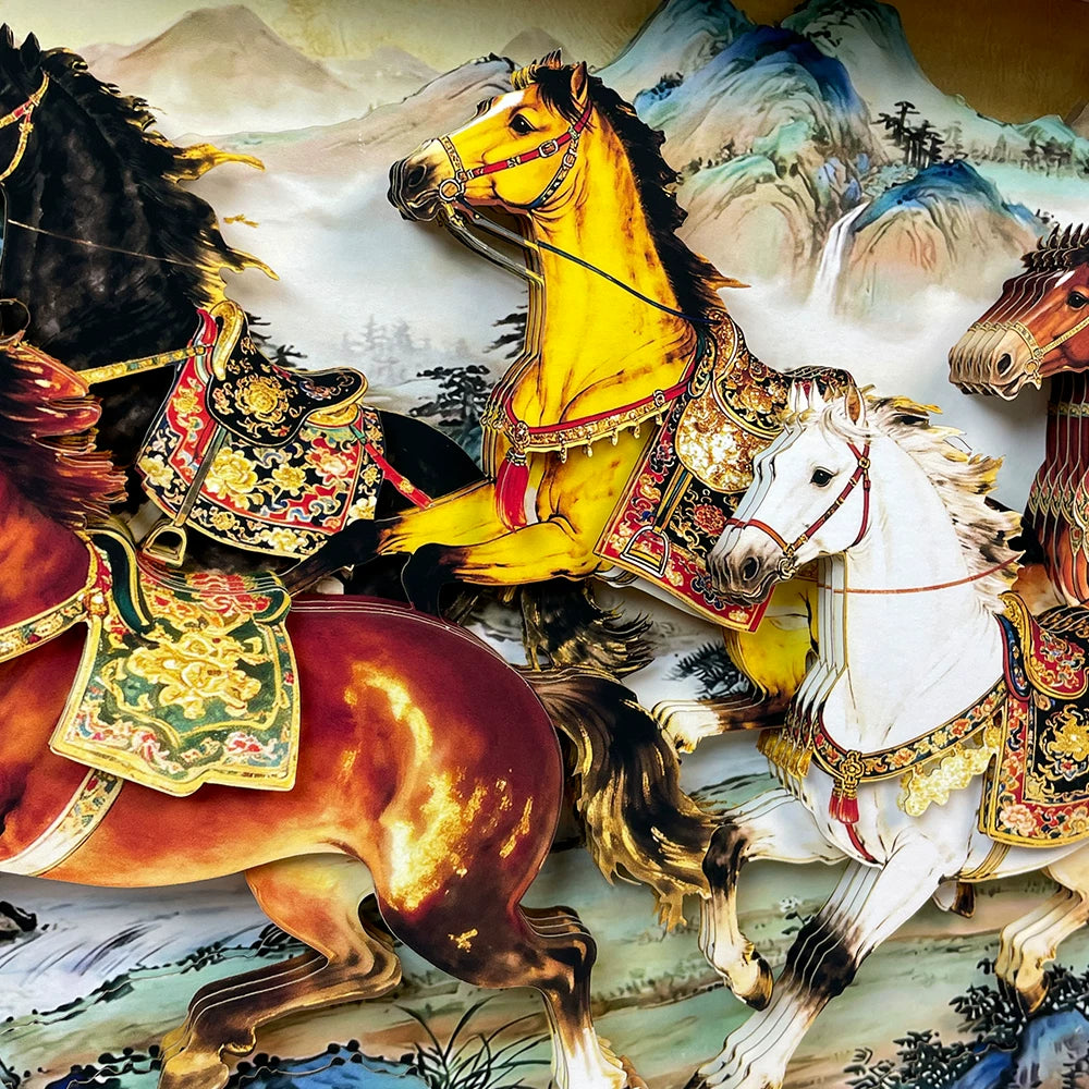 Handcrafted 3D Layered Oriental Paper Art Framed Decor | Eight Galloping Horses Chinese Paper-Cutting Artwork
