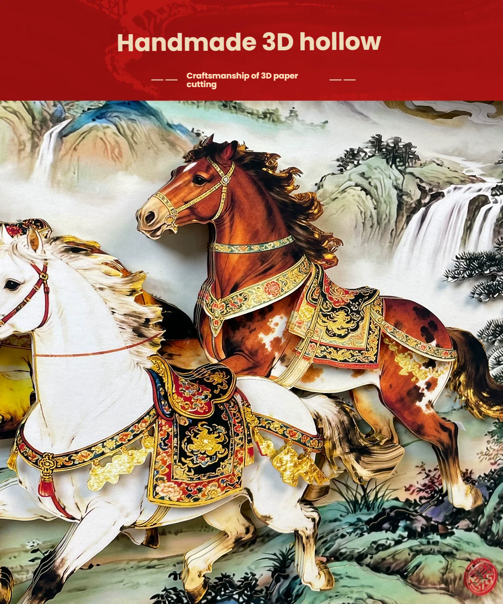 Handcrafted 3D Layered Oriental Paper Art Framed Decor | Eight Galloping Horses Chinese Paper-Cutting Artwork