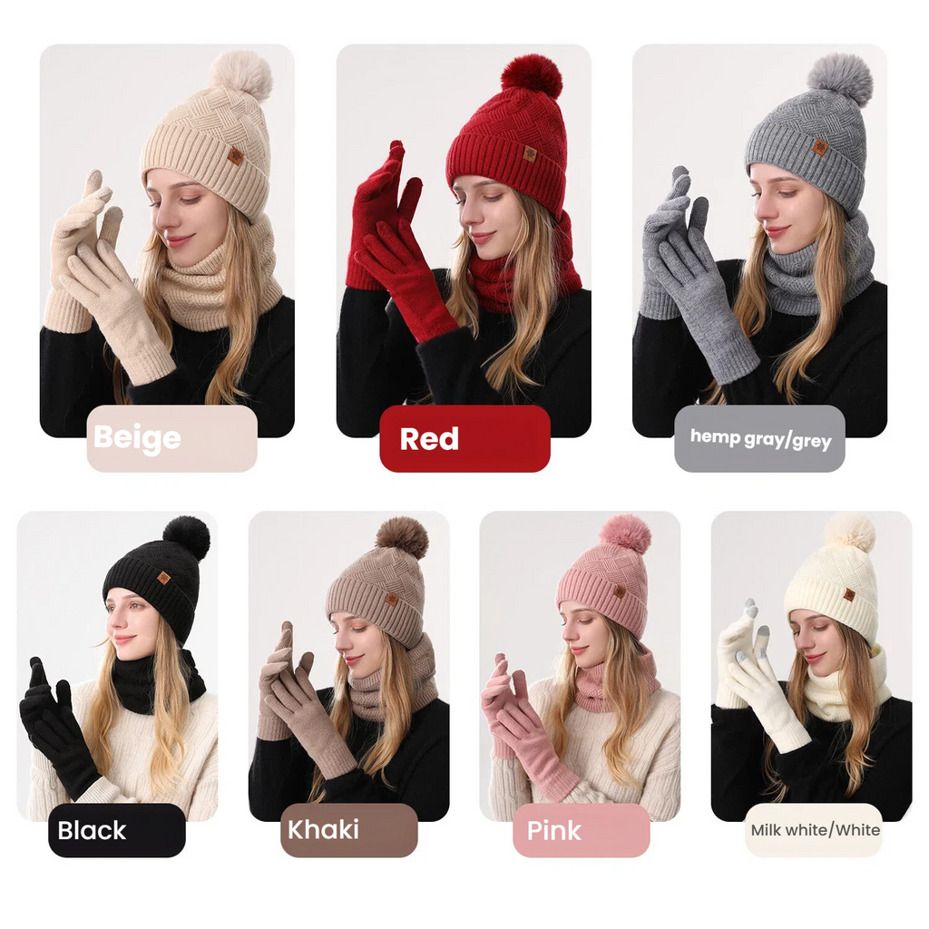 Winter Beanie Hat Scarf Gloves Set - 3-Piece Knit Warm Accessories for Women